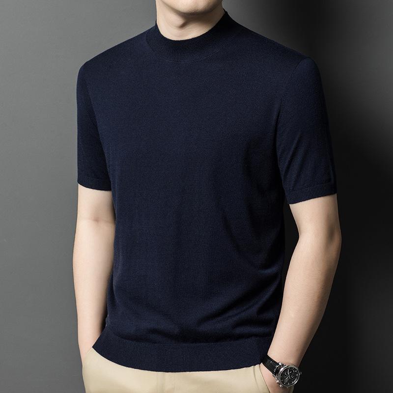Spring New Solid Color Wool-containing Middle-aged Men's Sweater Thin Half Turtleneck Short-sleeved Sweater Men's Clothing