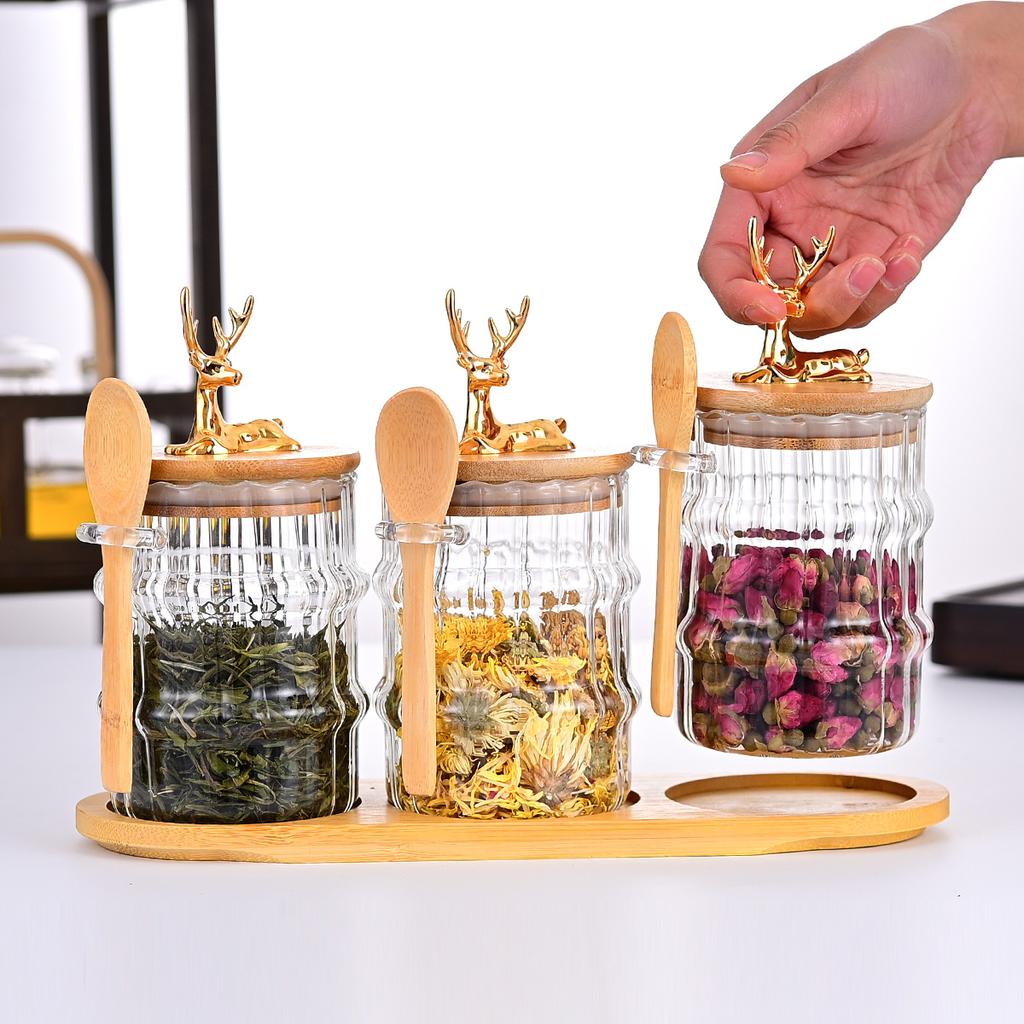 High Borosilicate Glass Storage Jar with Lids Spoons Tray Tea Coffee Beans Jars Leakproof Food Sealed Containers for Kitchen