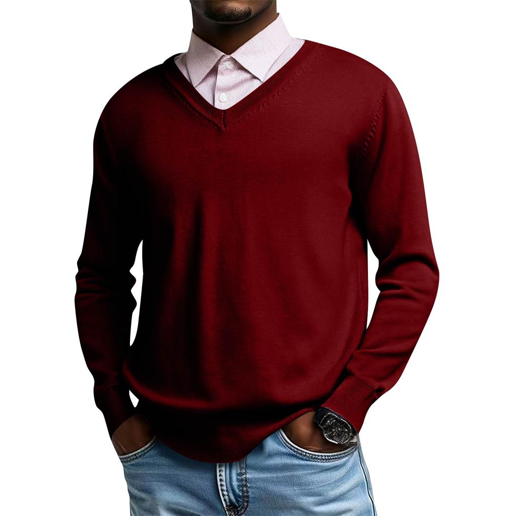 Męski dzianinowy top z dekoltem V i długim rękawem, codzienna wygoda, bluzka z długim rękawem