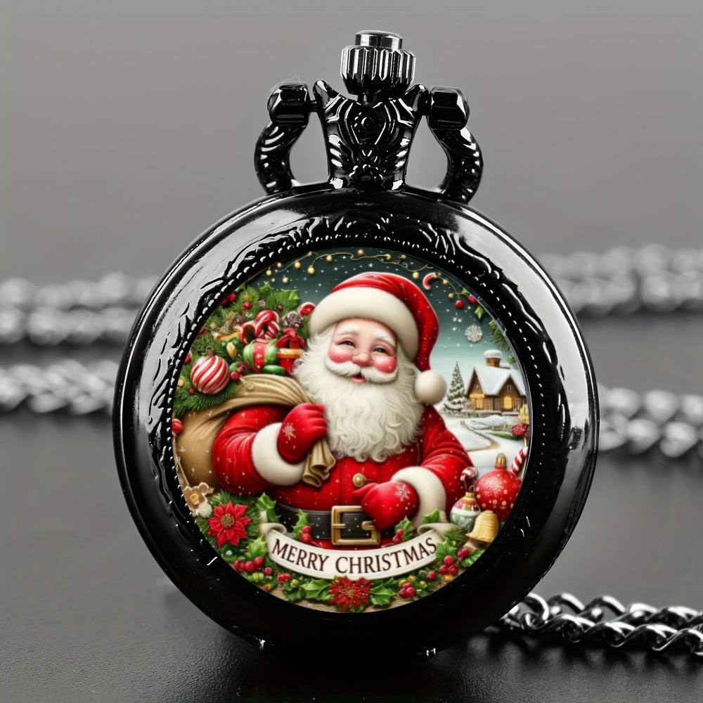 

Exquisite Mini Szie Black Round Santa Claus Design Quartz Pocket Watch, Alloy Case & Strap, Perfect christmas Gift for Kids Men