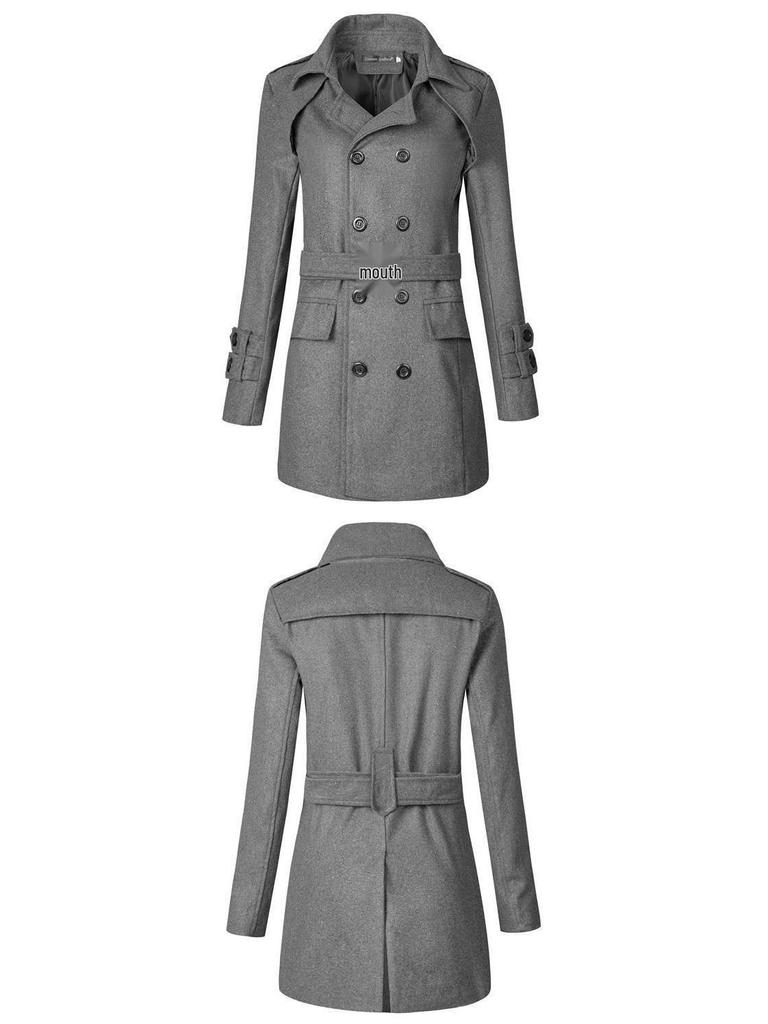 Double-Breasted Grey Wool Trench Coat with Belt - Stylish Men's Winter Outerwear