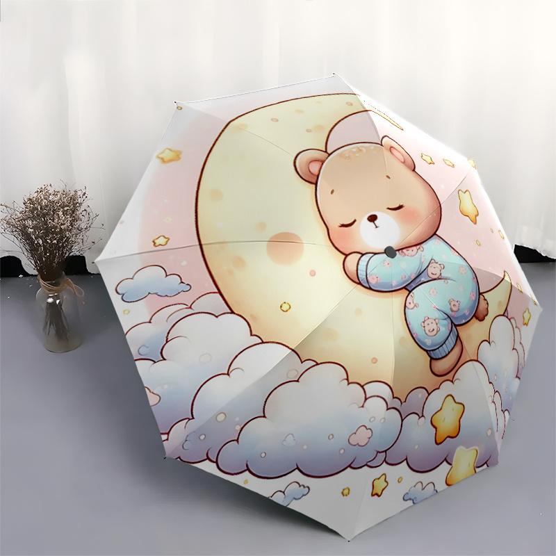 1pc Bear on the Moon Automatic 3-Fold Umbrella Design, Cute Cartoon Pattern, Portable Outdoor Umbrella, Perfect, Holiday Gift for fans.J007