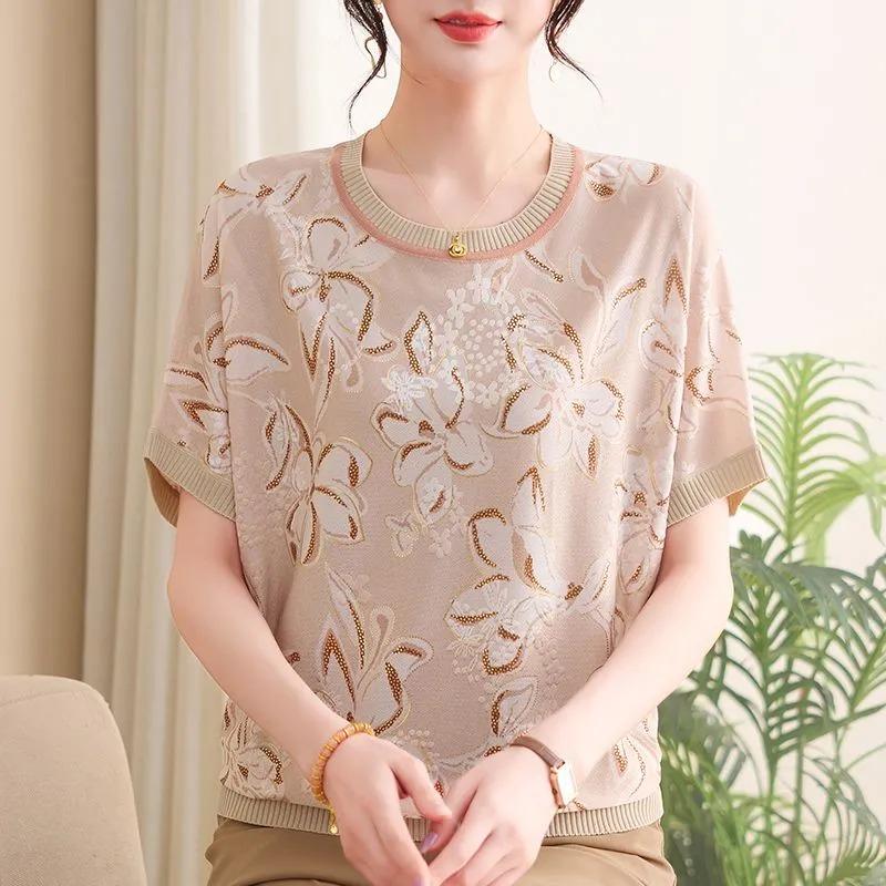 Womens Floral Print Knit Top Short Sleeve Crew Neck Casual Blouse