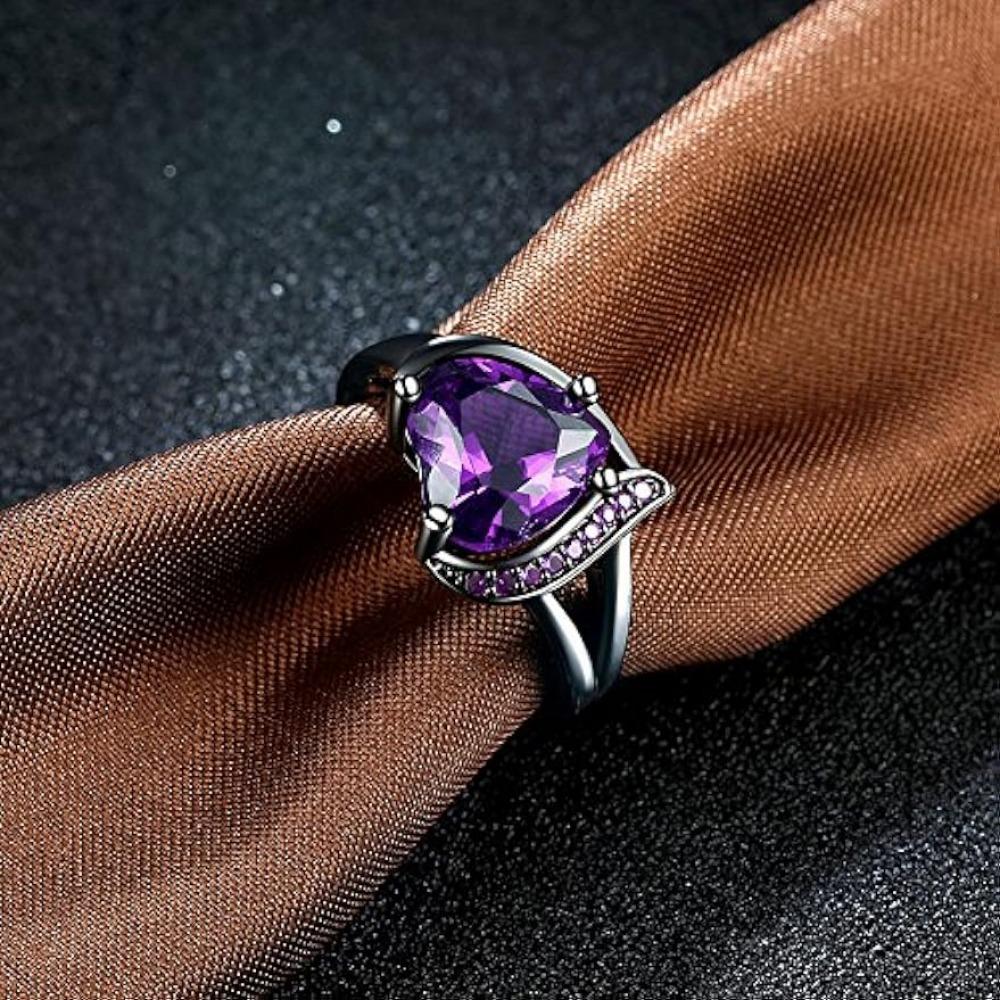 Romantic 18K Black Gold Plated Promise Band Ring Wedding Purple Heart Cubic Zirconia Rings for Women