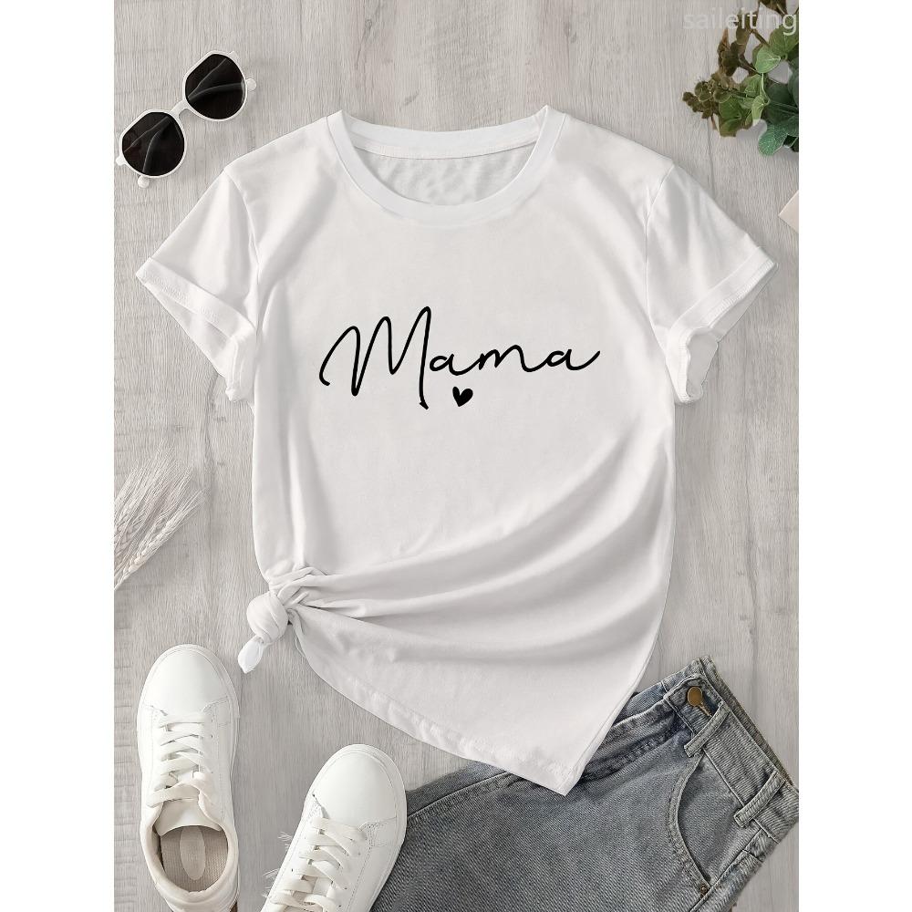 

Women s Mama & Heart Print Casual Short Sleeve T-Shirt Harajuku Sleeve Casual Women s Clothing Street Aesthetic Clothes M