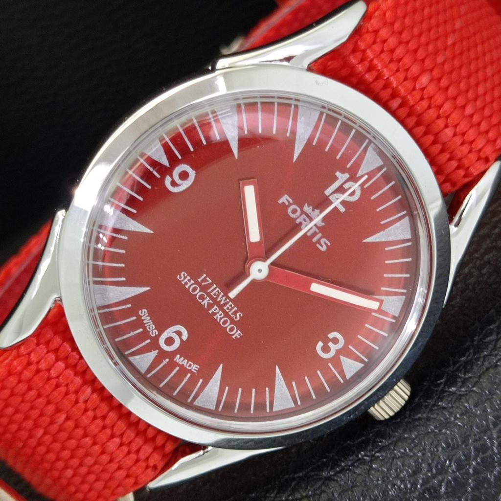 HAND-WINDING SWISS MENS VINTAGE REFURBISHED RED COLOR DIAL WATCH A701033-5 R205a-a701033