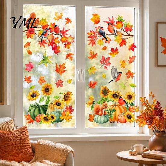 PVC Festive Window Stickers Autumn Harvest Decals, Sunflower Maple Leaf Pumpkin Bird Static Cling Stickers, Decorative Autumnal Wall Murals