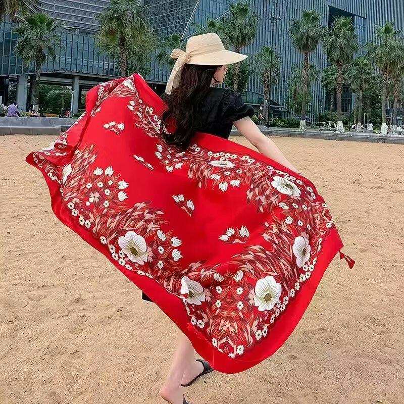 180Cmflower Printed Silk Scarf Ethnic-Style Twill Cotton Scarf Multi-Functional Travel Sun Protection Shawl Women'S Headscarf