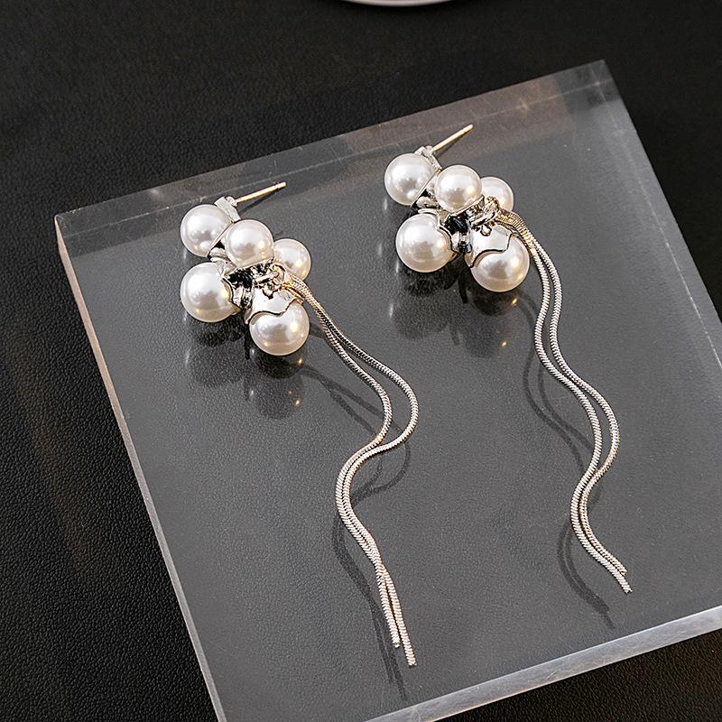 Silver Needle Pearl Long Tassel Earrings - Elegant High-End Cold Style for Women