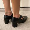 Fashion Women Pumps Thick Medium Heel Crossed Elastic Band Ballet Shoes Woman Vintage Square Toe Burgundy Pump Spring Autumn Heels Women