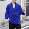 Oversized Summer Men Swing Neck 3/4 Sleeve Casual Ruffled T-shirts Tee Tops