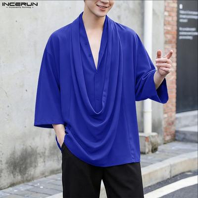 Oversized Summer Men Swing Neck 3/4 Sleeve Casual Ruffled T-shirts Tee Tops