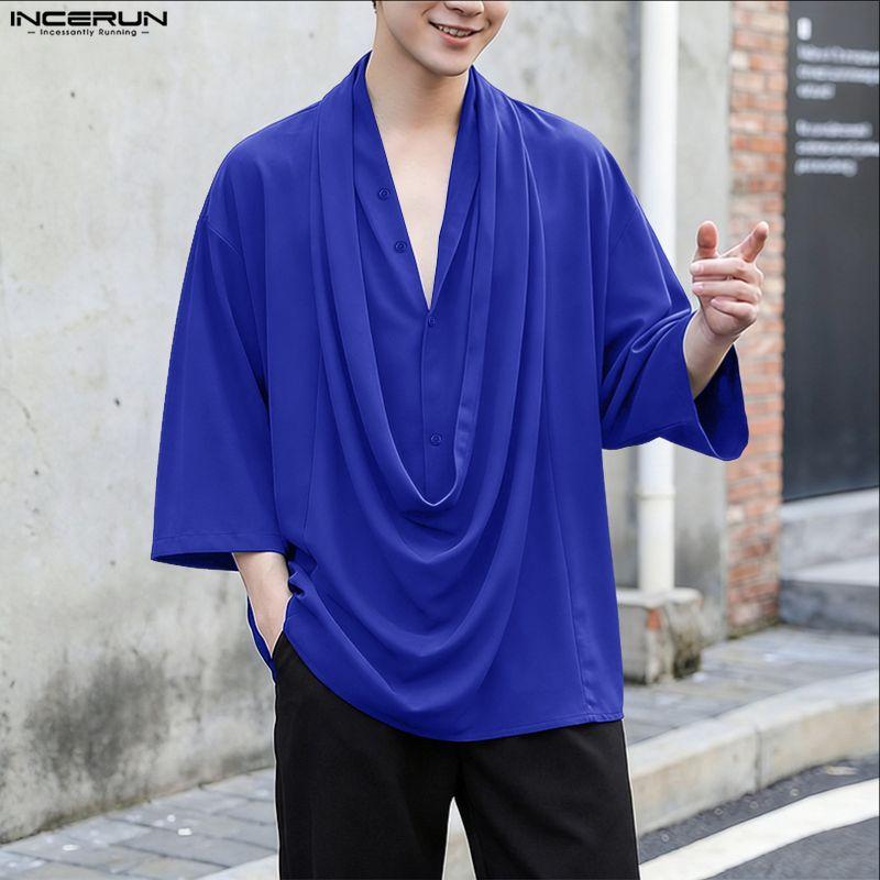 INCERUN Oversized Summer Men Swing Neck 3/4 Sleeve Casual Ruffled T-shirts Tee Tops