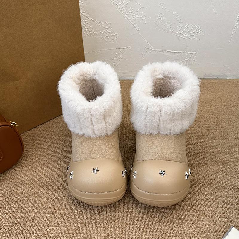 Women's fashion lightweight soft sole winter warm fur one snow boots padded lining non-slip casual sports cotton boots