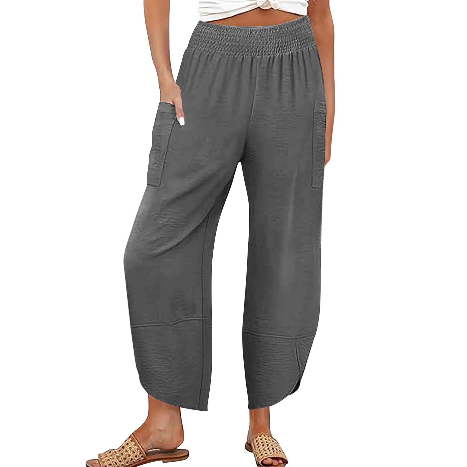 

Жіночі повсякденні штани, Штани для жінок повсякденні літні зі зборками на високій талії, вільні, легкі штани з кишенями L