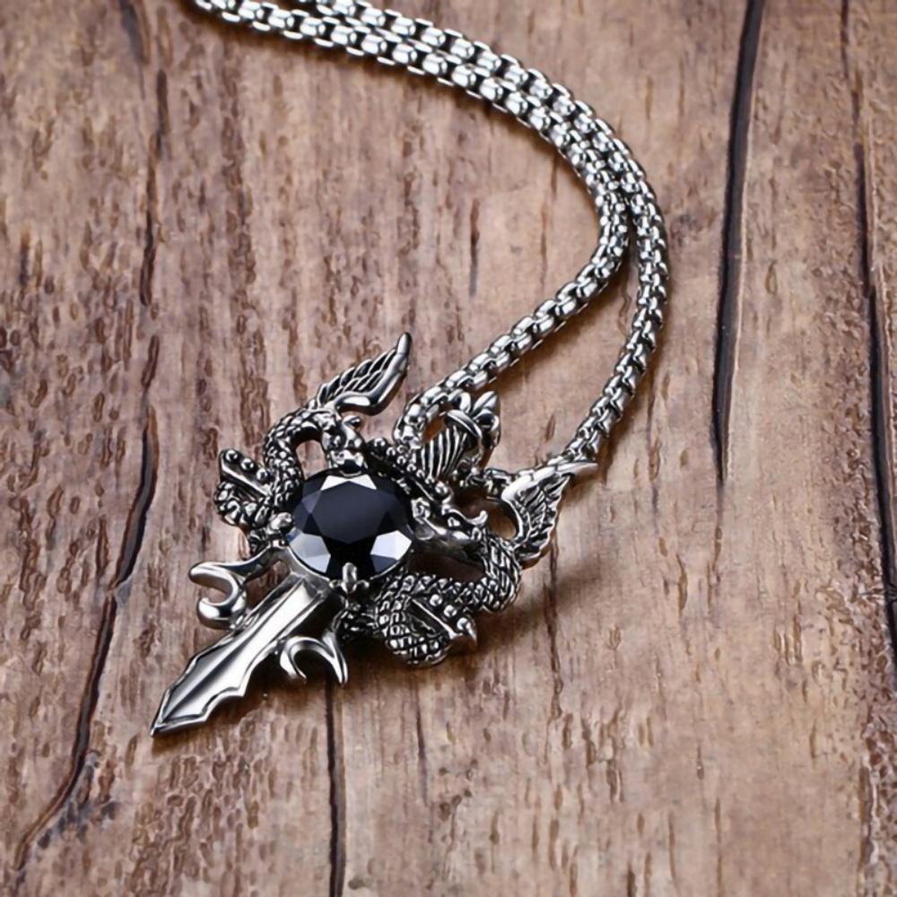 New Gothic Style Women's Ancient Silver-color Evil Dragon Gem Pendant Necklace Personalized Fashion Street Sweater Chain Jewelry