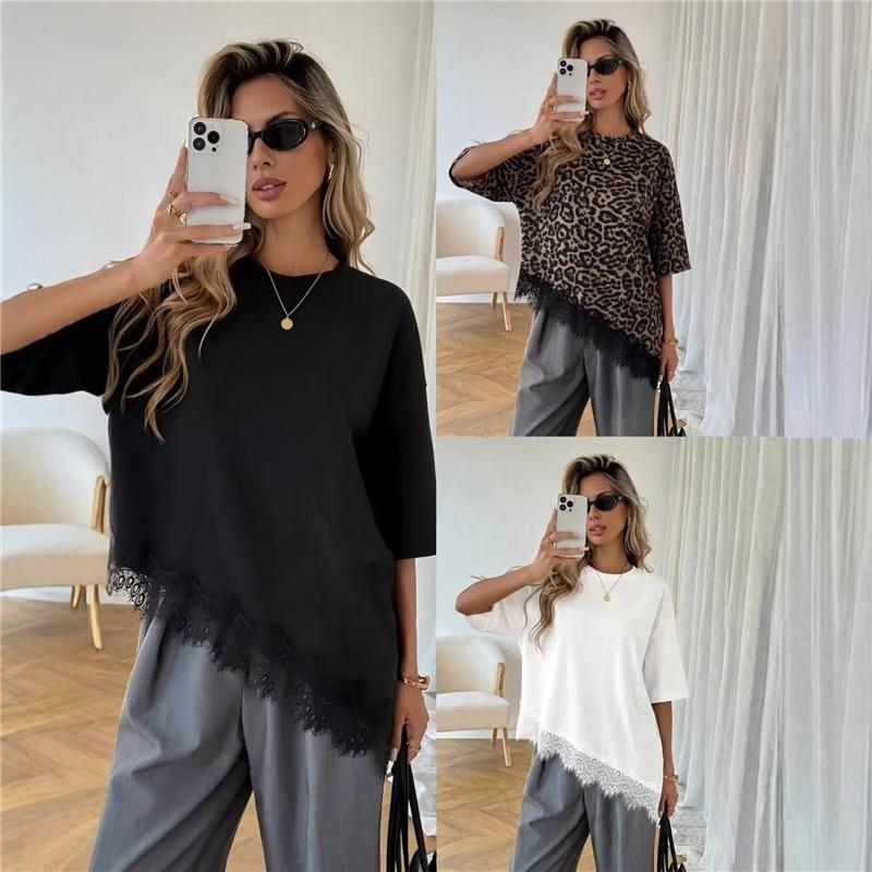 T-Shirt for Women Summer Leopard Plus Size Long Sleeve Top Round Neck Casual Stretch Loose-Fit T-Shirt