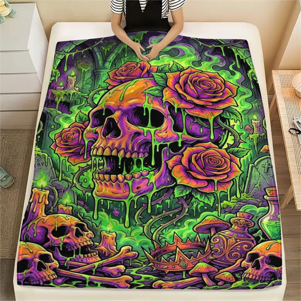 Corrosive Acid Skull and Rose Print Flannel Blanket,High Quality Comfortable for All Seasons,Home Decor,Warmth and Comfort,Perfect for Christmas Gifts