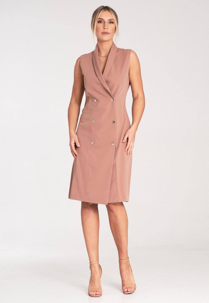 Jacket Dress Midi - Elegant Dress With Buttons - Beige Dress M1067 Size L