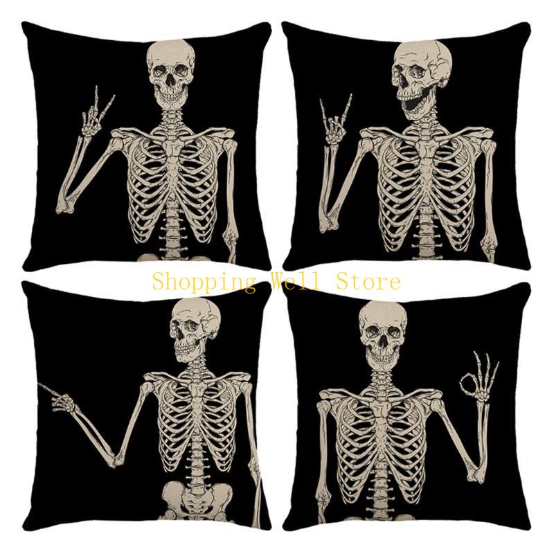 KX4B 4PCS Pillow Cases Skeleton Posing Polyester Fiber Pillow Cover 18x18Inch Decorative Cushion Case for Home Decoration 1450₽