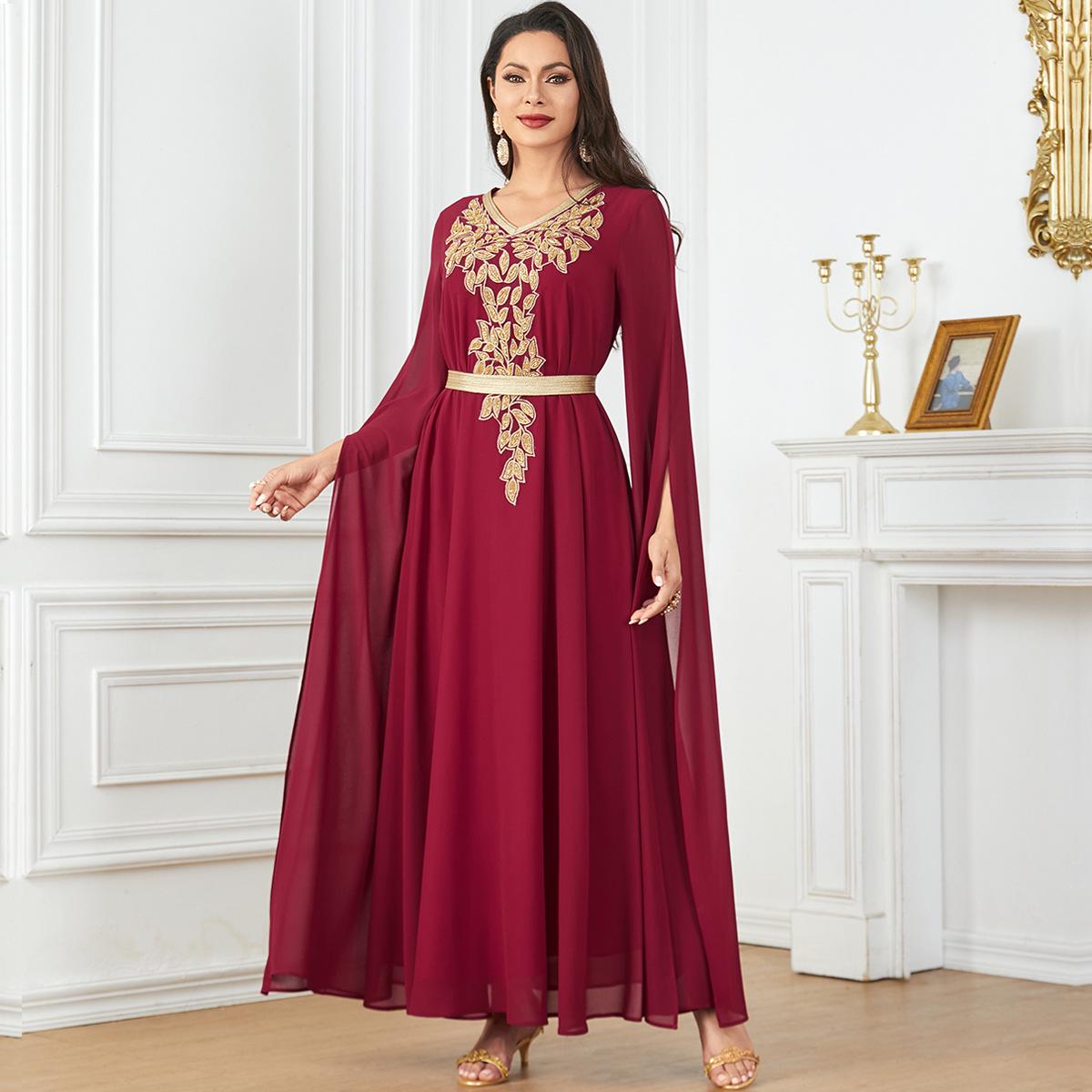 

Женское мусульманское платье макси однотонного цвета, с очень длинными рукавами и пышной юбкой. XXL бордовый