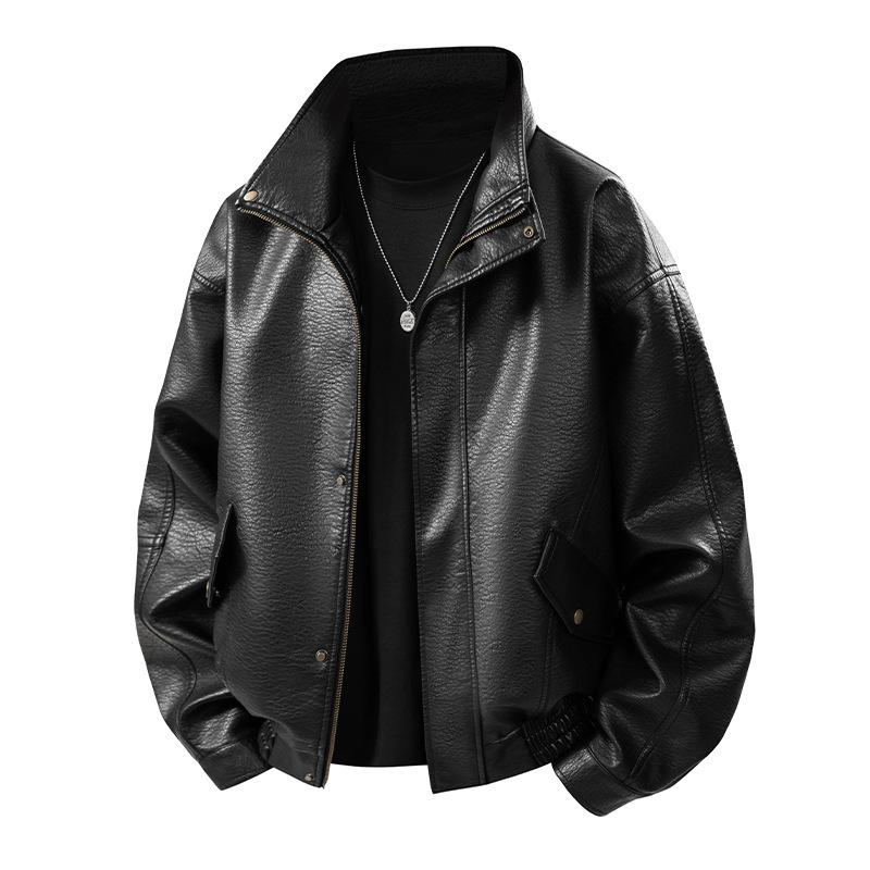 Mens Pu Leather Jacket Stand Collar Loose Retro Motorcycle Casual Outerwear