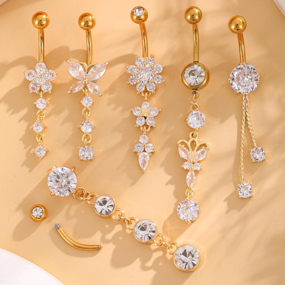 6Pcs/Set Stainless Steel Belly Piercing Rings Butterfly Chain Belly Button Ring Set Ladies Classic Dangle Jewelry Daily Wear