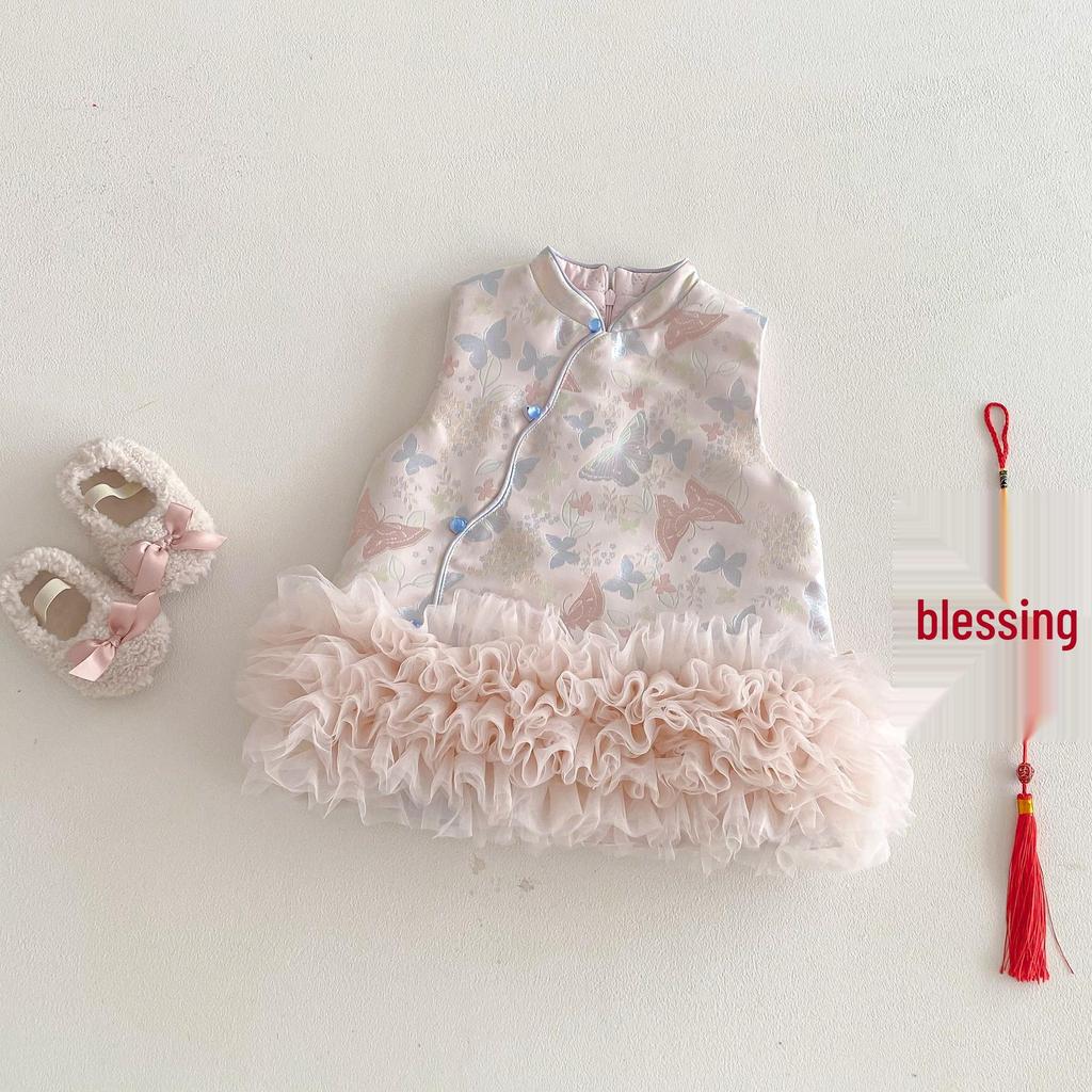 2025 Girls' Chinese Style Layered Winter Dress with Oblique Collar - Retro New Year Outfit