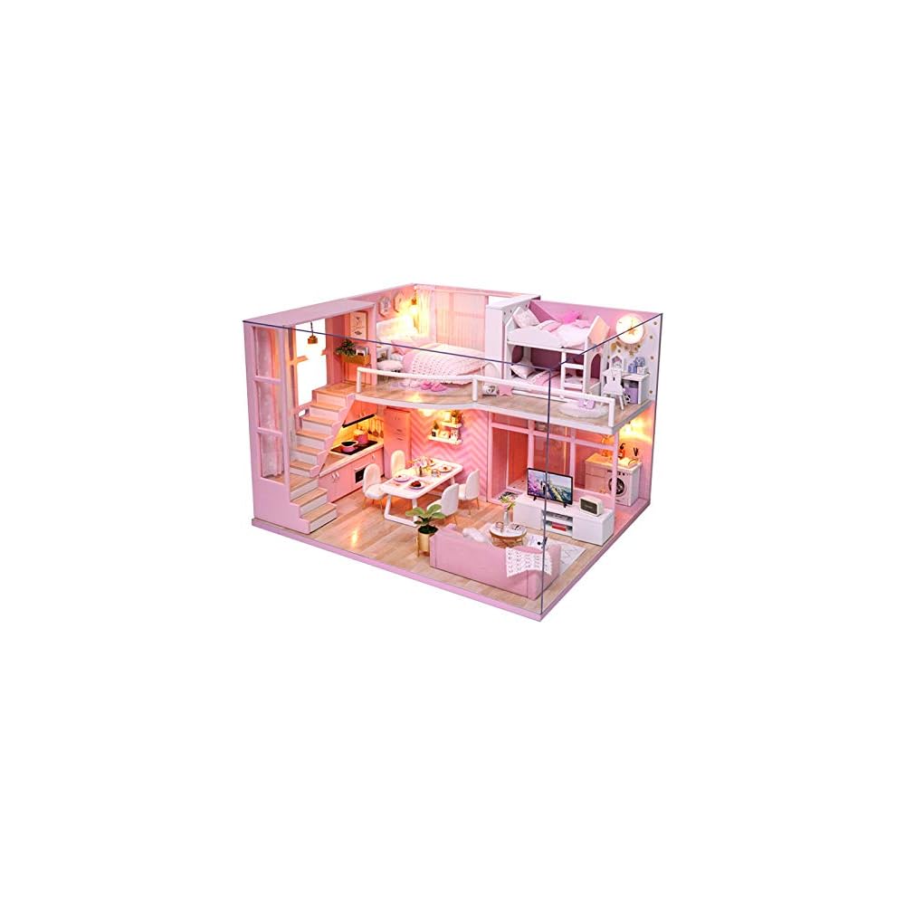 Cuteroom DIY Wooden Dollhouse Kit with LED Light and Music Box Dust Cover Furniture and Miniature Accessories Set