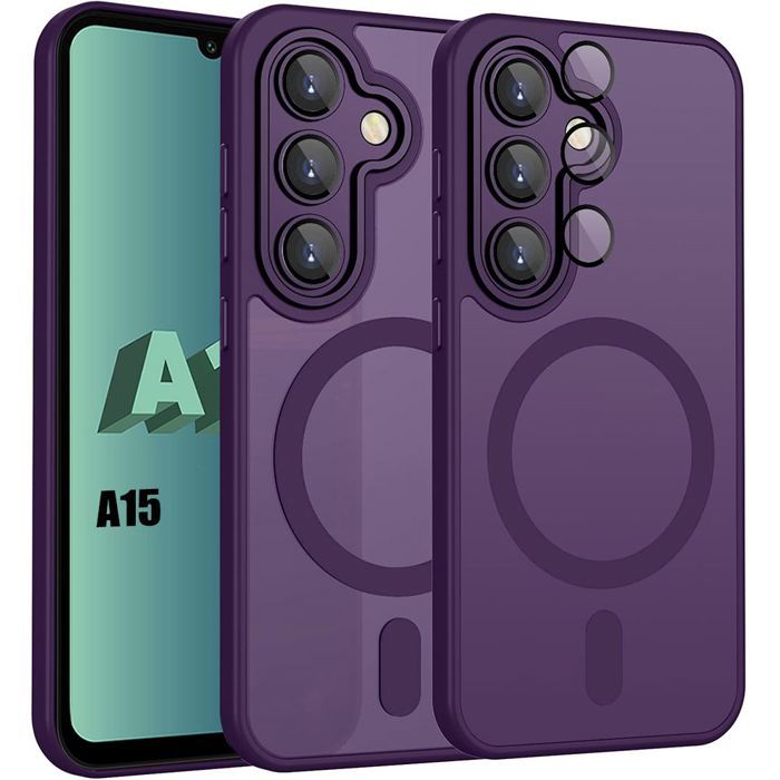 Coque pour Samsung Galaxy A15 4G/5G, avec Anneau Magnétique et Vitre Caméra - Violet