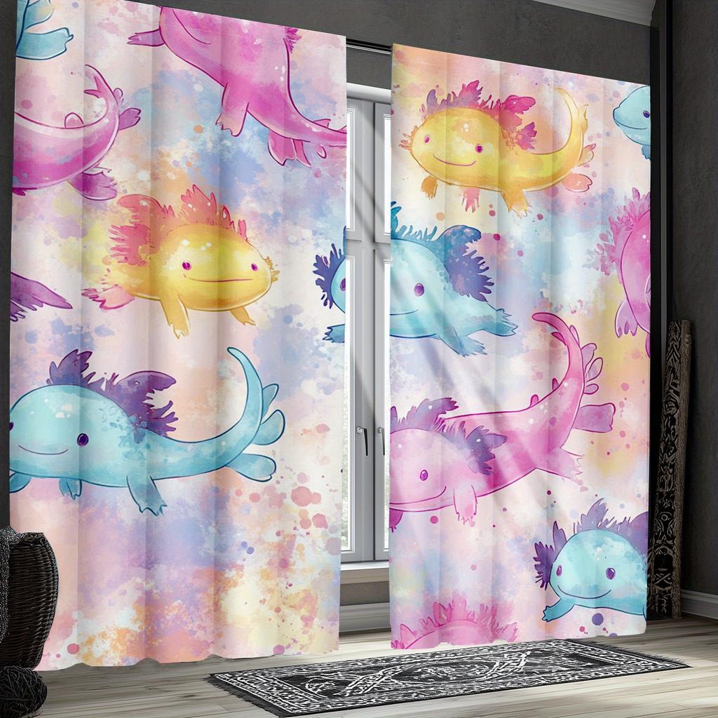 2pcs Kawaii Axolotl Blackout Curtains   Colorful Tie Dye Salamander Design Drapes