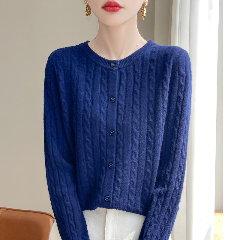 Vår Höst Rundhals Stickad Topp Dam Enkelknäppt Kappa Enfärgad Kabelstickad Kofta Tröja