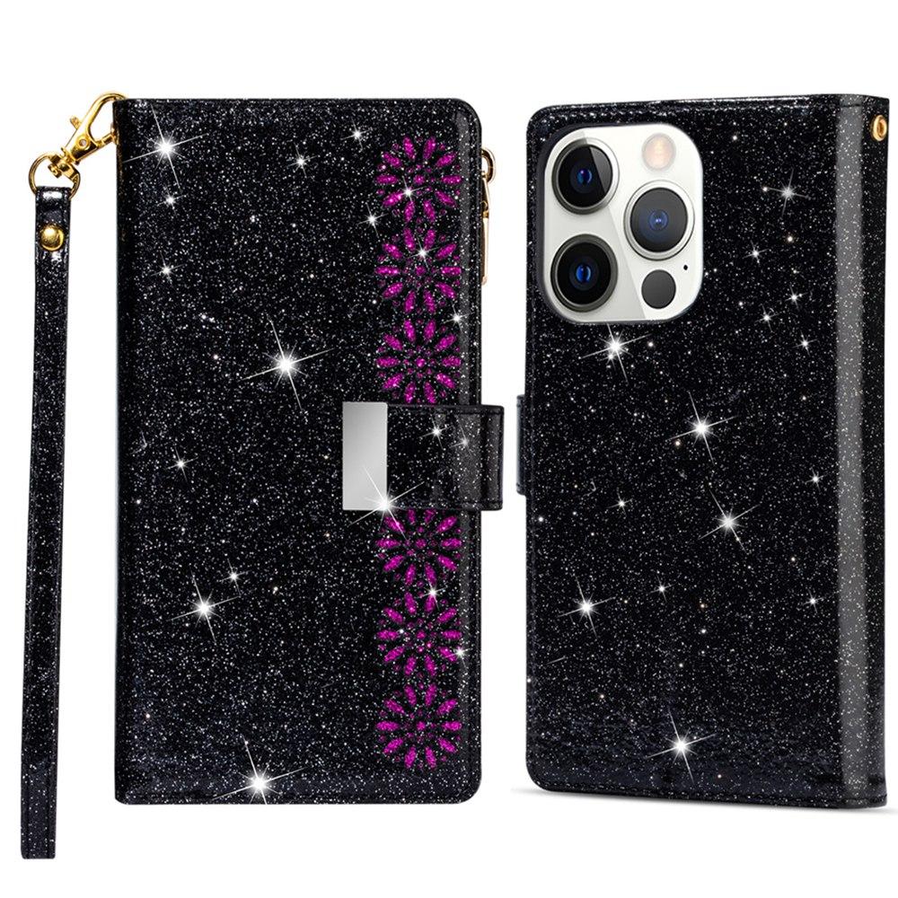 

For iPhone 16 Pro Max Case Leather Wallet Phone Cover Starry Sky Carving Black