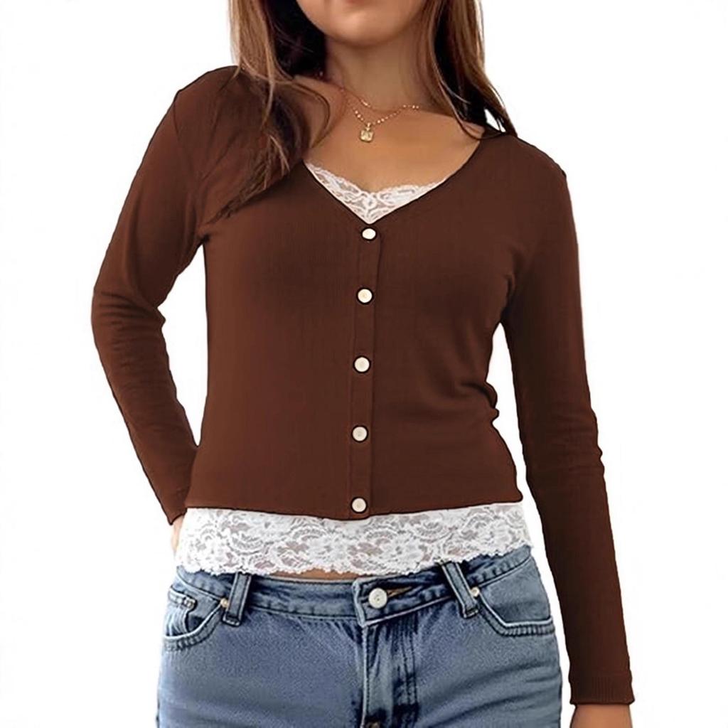 European & American Cross-Border Fashion Versatile V-Neck Button Lace Patchwork Long Sleeve Women's Top 2025.