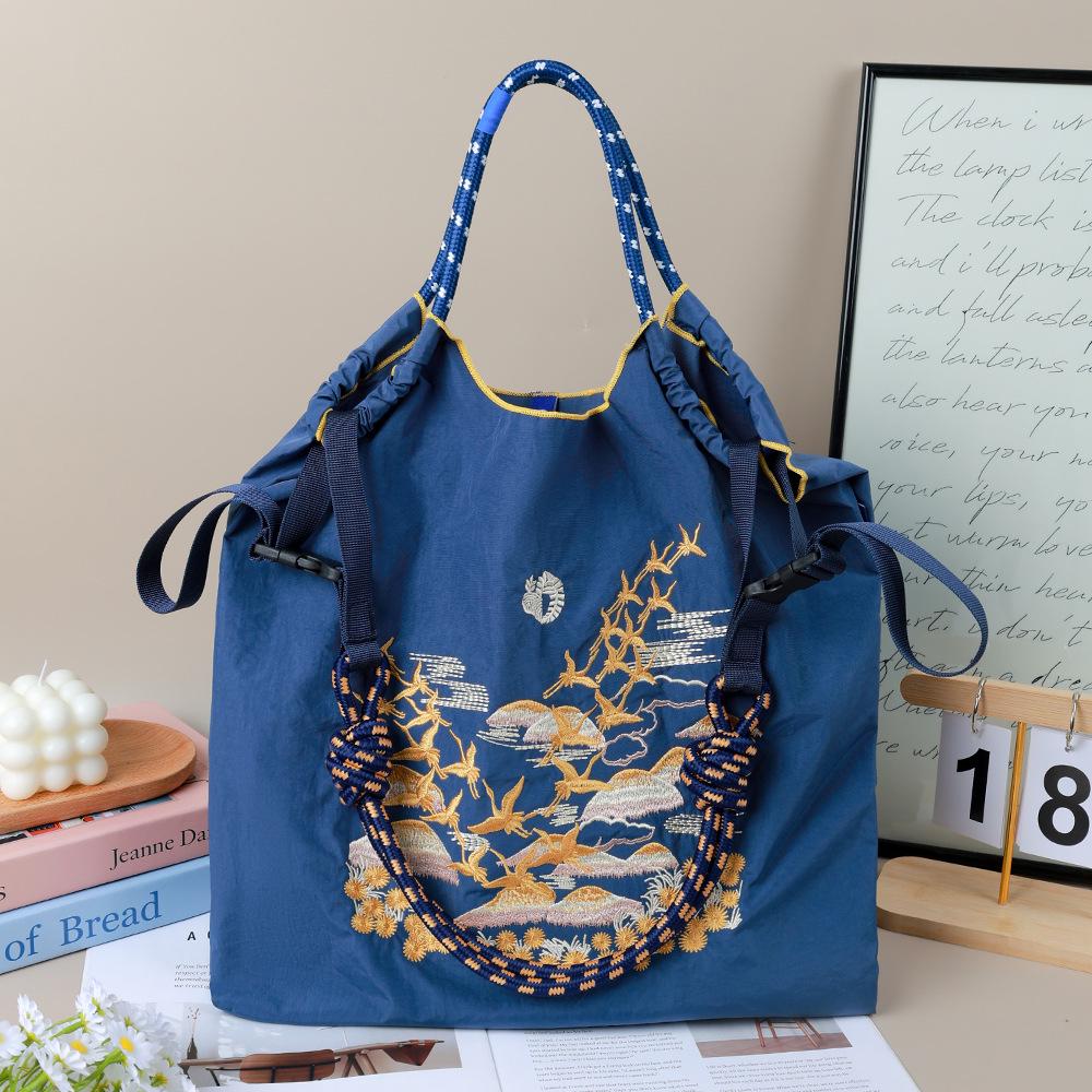 Japanese Style Handmade Waterproof Nylon Canvas Bag with Embroidered Patterns, Large Capacity