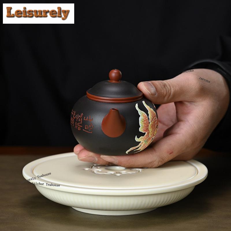 111ml Exquisite Yixing Purple Clay Teapots Handmade Clay Painting Lotus Pot Raw Ore Zhu Mud Kettle Chinese Zisha Teaset Supplies
