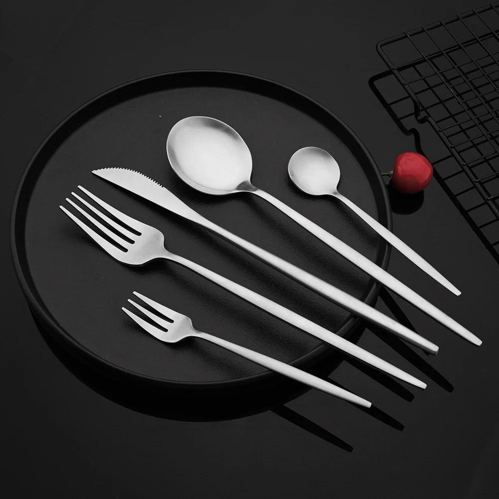 6Pcs Silver Tableware Set Knife Fork Long Handle Spoon Dinnerware Dessert Flatware Matte Cutlery Stainless Steel Silverware