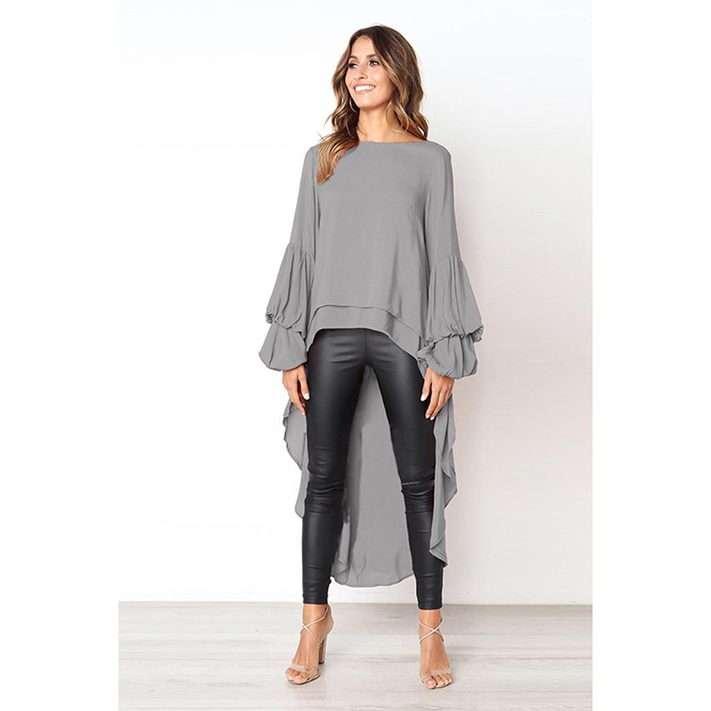 Women's Fashion Long Sleeved Irregular Chiffon Shirt Round Neck Trumpet Sleeves Shirt Solid Color Loose Office Blouse Elegant Blouse