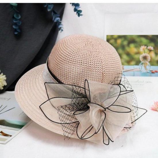 Lady Wide Brim Hat Sun Cap Folding Bucket Beach Flower Mesh Holiday Summer Hat