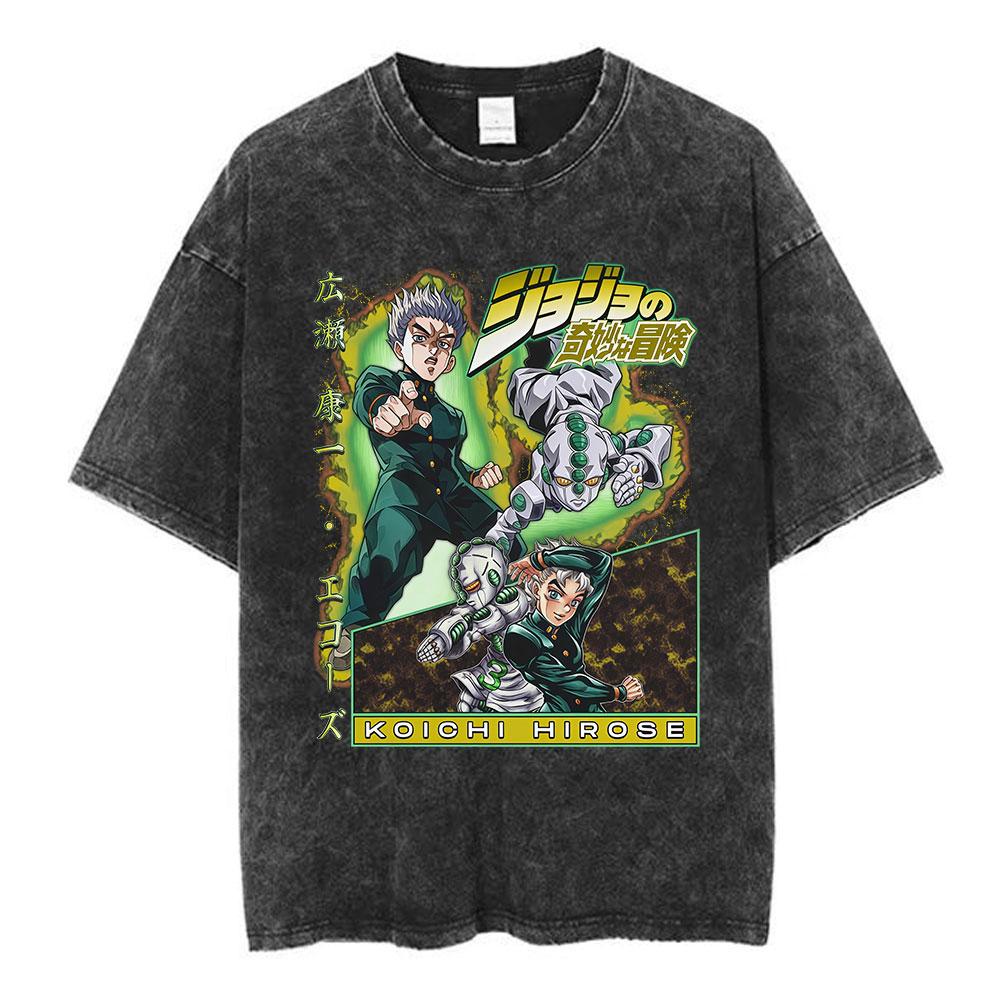 Anime Jojo Bizarre Adventure Kakyoin Noriaki Vintage Acid Washed T Shirts Mens Women Cotton Short Sleeves Top