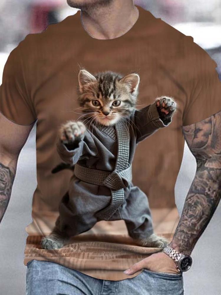 Men T-Shirt Digital Cat Doing Print Summer Round Neck Funny Taekwondo Graphic T Shirts Street Short Sleeve Tee Men's Clothing