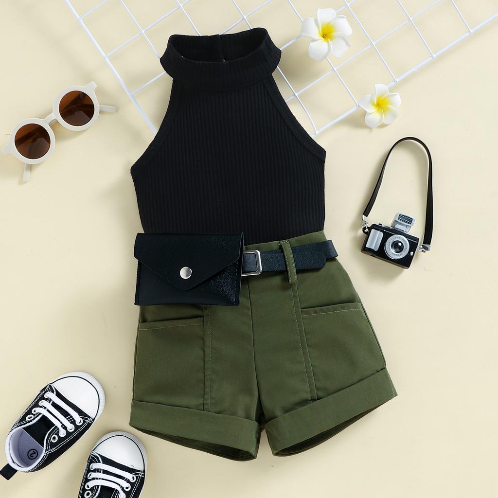 Girls Summer Halter Tank Top Shorts Belt Bag Set