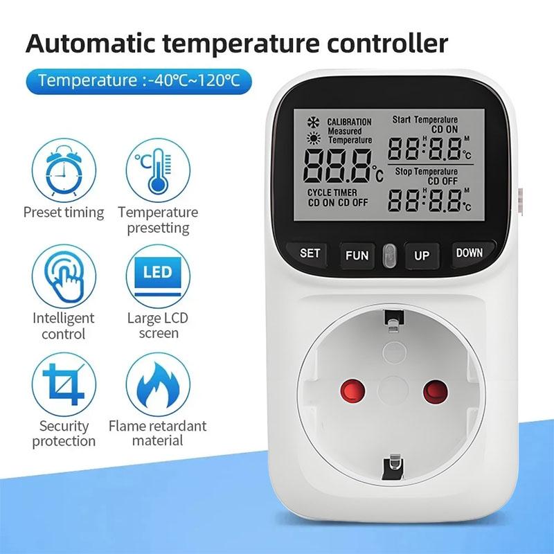 Digital Temperature Controller Socket Outlet EU Plug Thermostat With Timer Sensor Probe Heating Cooling Switch 16A Backlight