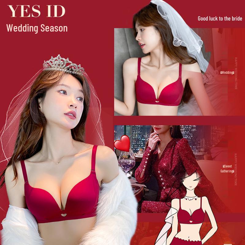 Oryginalna Czerwona Bielizna Ślubna Push-Up Zestaw Biustonosza z Bocznym Wsparciem