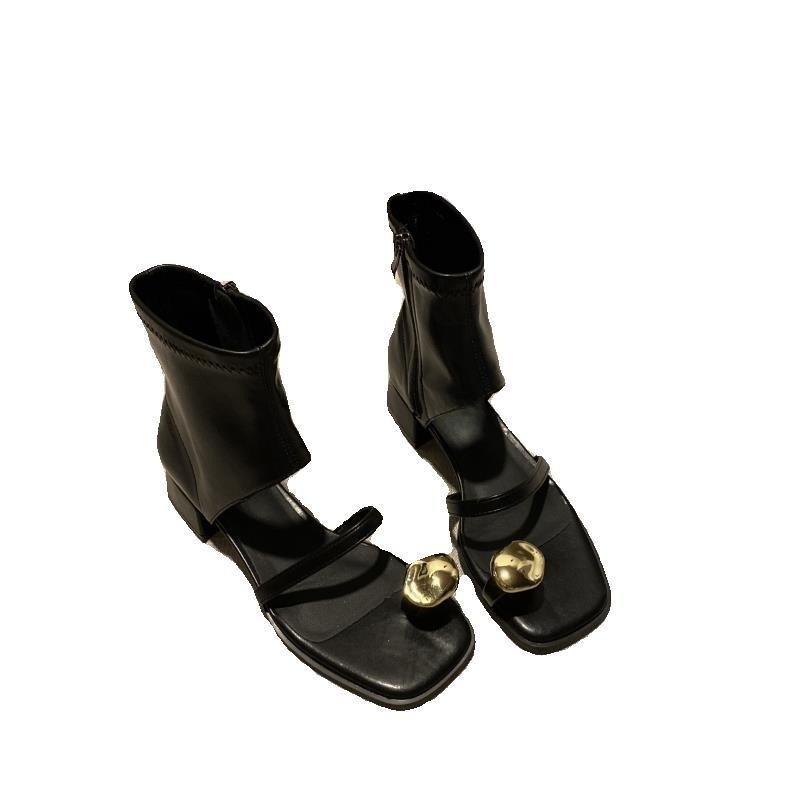 Fashion Design Sensation Black Sandals Women 2025Summer Square Head Thick Heel Bootie Hollow Out Side Zipper Toe Short Boot Korean Style