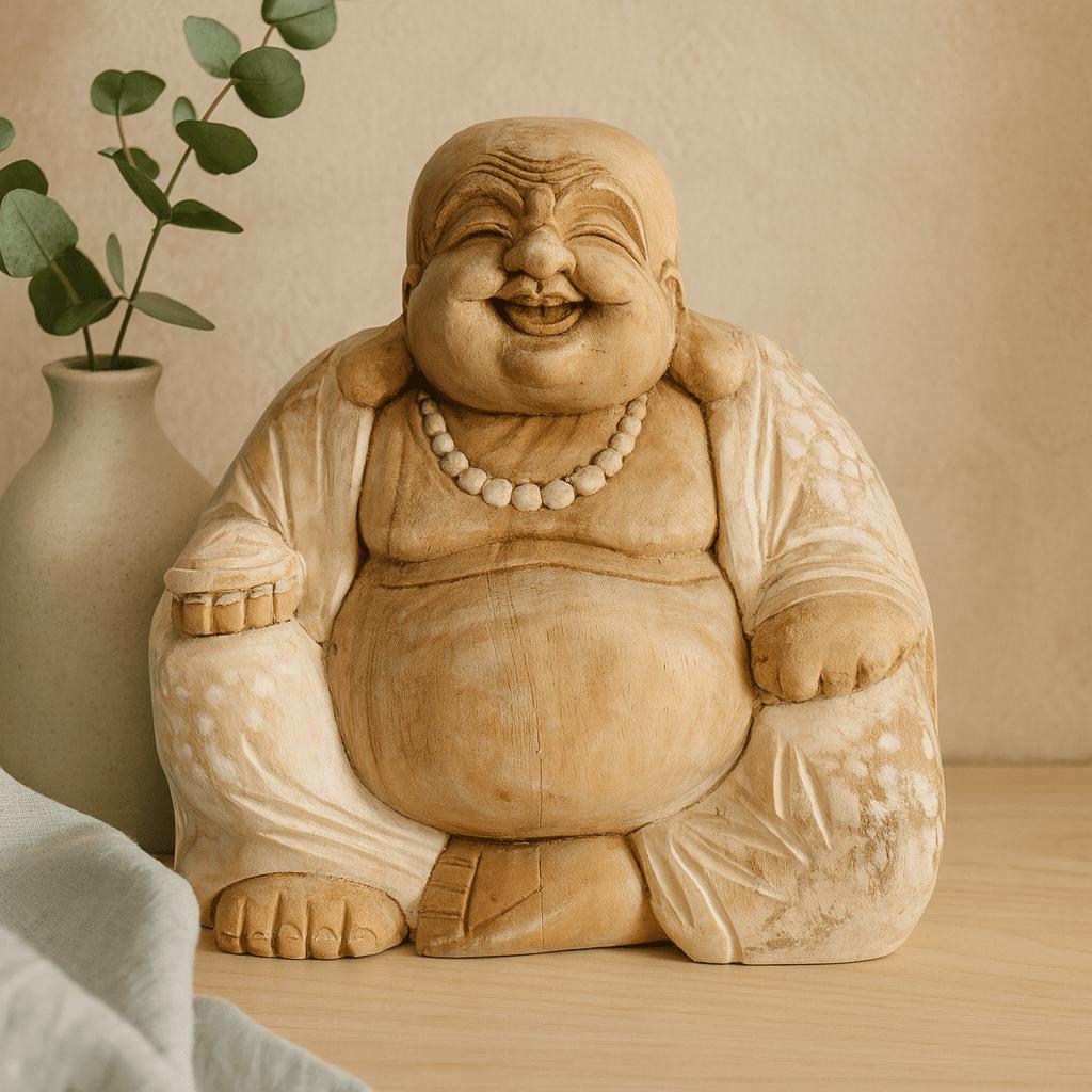 Shamtam Grain Happy Buddha Statue Hand Carved Whitewash Wood 30Cm