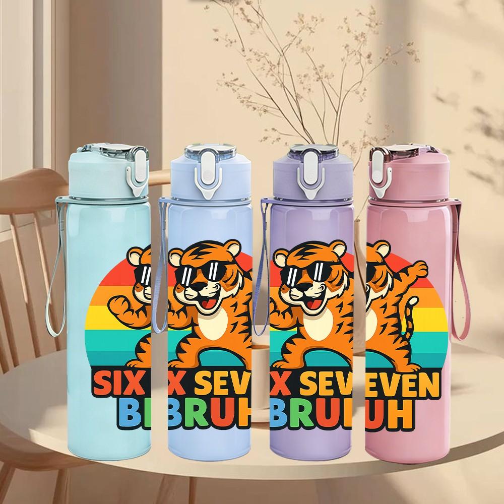 1PC Six Seven Bruh Tiger Letter 750ml Color Plastic Sports Water Bottle Leakproof Flip Straw Lid Suitable for Sports Office Home Use