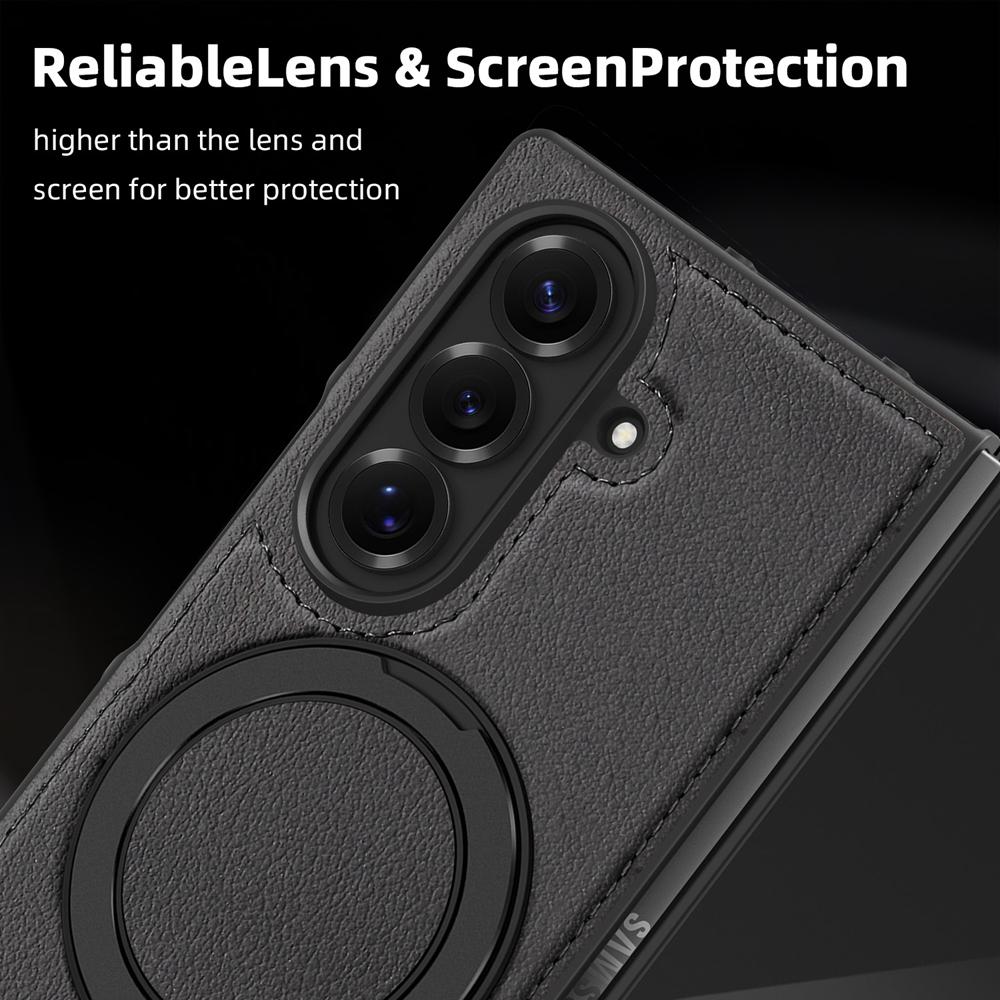 KEYSION 360° Rotating Magnetic Ring Stand PU Leather Case for MagSafe for Samsung Z Fold 7 5G Wireless Charging Phone Back Cover