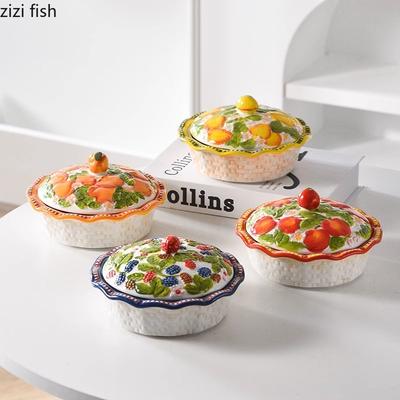 Relief Obst Keramikschüssel Hohe Füße Joghurtbecher Frühstückstasse Obstschale mit Deckel Snackteller Trockenobstteller Keramikgeschirr