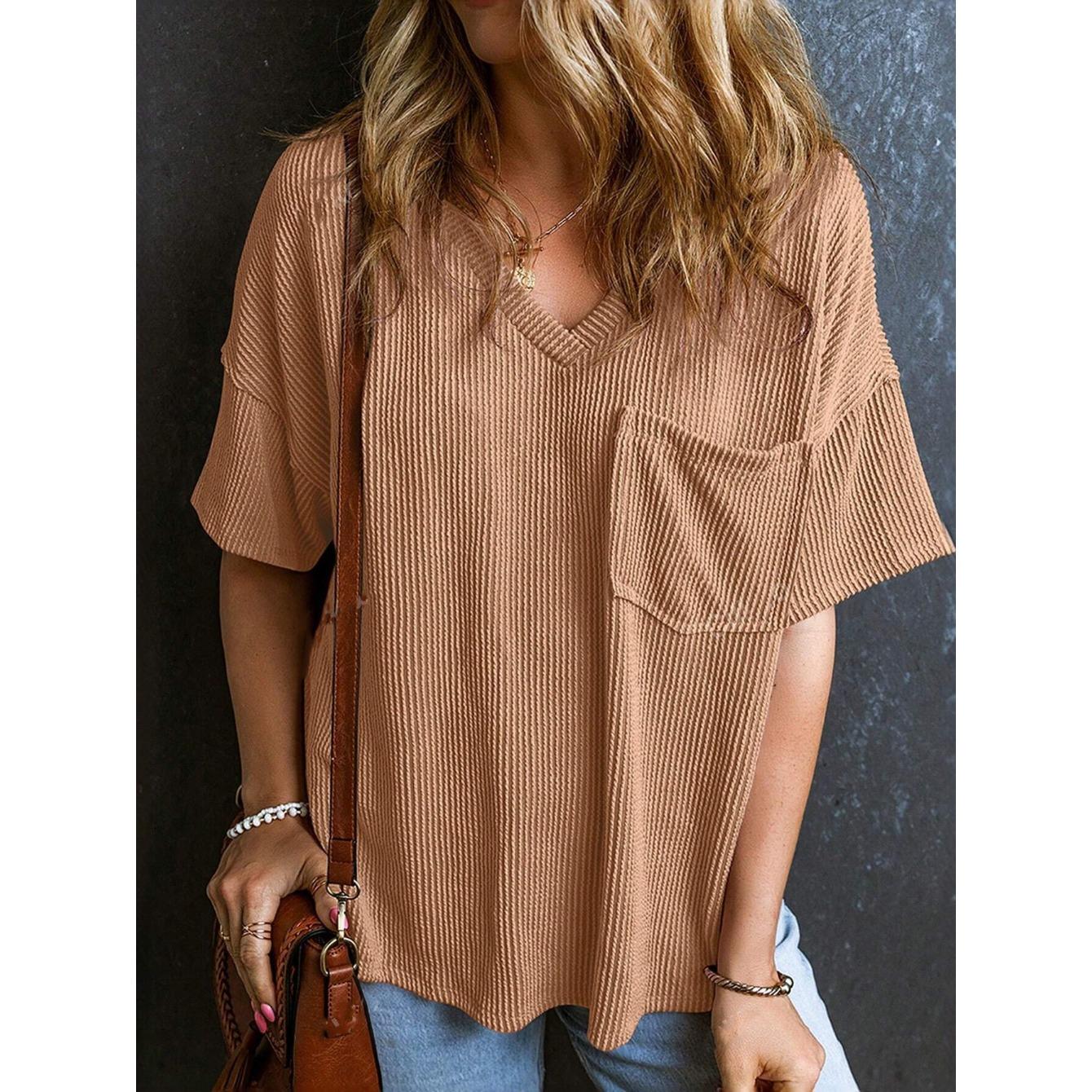 

GMXIA Spring Summer Fashion Two-color Twist with Bullet Pocket Short Sleeve V-neck Top for Women XL хаки